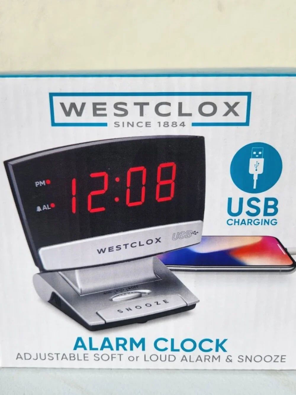 Digital Desk Table Alarm Clock with USB Charging Port Black Silver LED Large 0.9